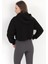 Kadın Siyah Kapüşonlu Ribana Detaylı Üç İp Oversize Crop Sweatshirt Hoodie - 2543 4