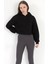 Kadın Siyah Kapüşonlu Ribana Detaylı Üç İp Oversize Crop Sweatshirt Hoodie - 2543 5