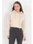Kadın Bej Kapüşonlu Ribana Detaylı Üç İp Oversize Crop Sweatshirt Hoodie - 2543 1