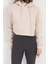 Kadın Bej Kapüşonlu Ribana Detaylı Üç İp Oversize Crop Sweatshirt Hoodie - 2543 5