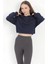 Kadın Lacivert Kapüşonlu Ribana Detaylı Üç İp Oversize Crop Sweatshirt Hoodie - 2543 2