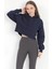 Kadın Lacivert Kapüşonlu Ribana Detaylı Üç İp Oversize Crop Sweatshirt Hoodie - 2543 3