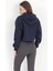 Kadın Lacivert Kapüşonlu Ribana Detaylı Üç İp Oversize Crop Sweatshirt Hoodie - 2543 4