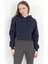 Kadın Lacivert Kapüşonlu Ribana Detaylı Üç İp Oversize Crop Sweatshirt Hoodie - 2543 5