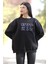 Kadın Oversize Sweatshirt Siyah NYC Brooklyn Nakışlı Bisiklet Yaka Ribanalı - 9004 4