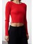Kadın Moda Şık Bisiklet Yaka Standart Kol Crop Kalp Aksesuarlı Triko Kazak 5