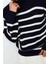 Unisex Moda Şık Balıkçı Yaka Düşük Kol Regular Casual Unisex Fit Geniş Kalıp Çizgili Triko Kazak 2