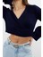 Kadın Moda Şık Kruvaze Standart Kol Crop Yumuşak Dokulu Triko Kazak 2