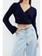 Kadın Moda Şık Kruvaze Standart Kol Crop Yumuşak Dokulu Triko Kazak 3