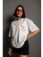 Unisex Bisiklet Yaka Baskılı Oversize T-Shirt - Beyaz 1