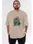 Hulk Ön Baskılı Bej Oversize T-Shirt Bisiklet Yaka Pamuk Erkek Kadın 1