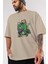Hulk Ön Baskılı Bej Oversize T-Shirt Bisiklet Yaka Pamuk Erkek Kadın 3