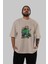 Hulk Ön Baskılı Bej Oversize T-Shirt Bisiklet Yaka Pamuk Erkek Kadın 5