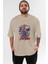 Spiderman Rock Ön Baskılı Bej Oversize T-Shirt Bisiklet Yaka Pamuk Erkek Kadın 1
