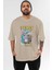 Tom ve Jerry Ön Baskılı Bej Oversize T-Shirt Bisiklet Yaka Pamuk Erkek Kadın 1