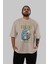 Tom ve Jerry Ön Baskılı Bej Oversize T-Shirt Bisiklet Yaka Pamuk Erkek Kadın 5