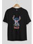 Stitch Ön Baskılı Siyah Oversize T-Shirt Bisiklet Yaka Erkek Kadın 2