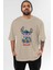 Stitch Ön Baskılı Bej Oversize T-Shirt Bisiklet Yaka Pamuk Erkek Kadın 1