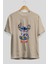 Stitch Ön Baskılı Bej Oversize T-Shirt Bisiklet Yaka Pamuk Erkek Kadın 2