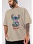Stitch Ön Baskılı Bej Oversize T-Shirt Bisiklet Yaka Pamuk Erkek Kadın 3