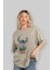 Stitch Ön Baskılı Bej Oversize T-Shirt Bisiklet Yaka Pamuk Erkek Kadın 4