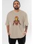 Iron Man Ön Baskılı Bej Oversize T-Shirt Bisiklet Yaka Pamuk Erkek Kadın 1
