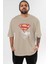 Superman Ön Baskılı Bej Oversize T-Shirt Bisiklet Yaka Pamuk Erkek Kadın 1