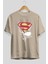 Superman Ön Baskılı Bej Oversize T-Shirt Bisiklet Yaka Pamuk Erkek Kadın 2
