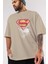 Superman Ön Baskılı Bej Oversize T-Shirt Bisiklet Yaka Pamuk Erkek Kadın 3