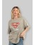 Superman Ön Baskılı Bej Oversize T-Shirt Bisiklet Yaka Pamuk Erkek Kadın 4