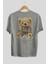 Teddy Bear Help Me Arka Baskılı Gri Oversize T-Shirt Unisex Erkek Kadın Bisiklet Yaka 2
