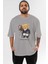 Teddy Bear Horse Riding Ön Baskılı Gri Oversize T-Shirt Unisex Erkek Kadın Bisiklet Yaka 1