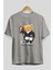 Teddy Bear Horse Riding Ön Baskılı Gri Oversize T-Shirt Unisex Erkek Kadın Bisiklet Yaka 2