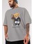Teddy Bear Horse Riding Ön Baskılı Gri Oversize T-Shirt Unisex Erkek Kadın Bisiklet Yaka 3