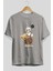Teddy Bear Hi Ön Baskılı Gri Oversize T-Shirt Unisex Erkek Kadın Bisiklet Yaka 2