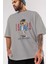 Teddy Bear Los Angeles Ön Baskılı Gri Oversize T-Shirt Unisex Erkek Kadın Bisiklet Yaka 3