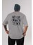 Never Look Back Arka Baskılı Gri Oversize T-Shirt Unisex Erkek Kadın Bisiklet Yaka 1