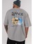 Space Our Arka Baskılı Gri Oversize T-Shirt Unisex Erkek Kadın Bisiklet Yaka 4