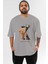 Teddy Bear Born To Be King Ön Baskılı Gri Oversize T-Shirt Unisex Erkek Kadın Bisiklet Yaka 1
