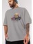 Teddy Bear Street King Ön Baskılı Gri Oversize T-Shirt Unisex Erkek Kadın Bisiklet Yaka 3