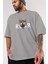 Teddy Bear Roar Ön Baskılı Gri Oversize T-Shirt Unisex Erkek Kadın Bisiklet Yaka 3