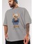 Teddy Bear Born With Style Ön Baskılı Gri Oversize T-Shirt Unisex Erkek Kadın Bisiklet Yaka 3