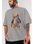 Teddy Bear Robot Ön Baskılı Gri Oversize T-Shirt Unisex Erkek Kadın Bisiklet Yaka 3