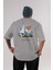 Teddy Bear Surf Club Arka Baskılı Gri Oversize T-Shirt Unisex Erkek Kadın Bisiklet Yaka 1