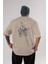 Wolverine Arka Baskılı Bej Oversize T-Shirt Bisiklet Yaka Pamuk Erkek Kadın 1