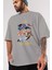 Retro Design Ön Baskılı Gri Oversize T-Shirt Unisex Erkek Kadın Bisiklet Yaka 3