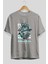 Dragon Ön Baskılı Gri Oversize T-Shirt Unisex Erkek Kadın Bisiklet Yaka 2