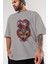 Trıbal Anime Ön Baskılı Gri Oversize T-Shirt %100 Pamuk Erkek Kadın 3
