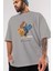 Teddy Bear Breakdance Ön Baskılı Gri Oversize T-Shirt Unisex Erkek Kadın Bisiklet Yaka 3