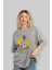 Flying Astronaut Yazılı Ön Baskılı Gri Oversize T-Shirt Unisex Erkek Kadın Bisiklet Yaka 4
